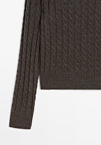 Pullover in maglia a treccia marrone scuro, con maniche lunghe, polsini e orlo a costine, caratterizzato da una superficie testurizzata e un motivo dettagliato su tutto il capo.