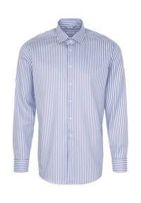 Chemise habillée à manches longues à rayures verticales bleues et blanches, boutonnée, avec un col pointu et des poignets boutonnés.