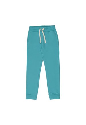 Teal blue jogger pants with elastic waistband, white drawstring, side pockets, and fitted ankle cuffs, laid flat on a white background.