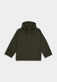 Oliwkowa kurtka z kapturem, wykonana z gładkiego materiału. Posiada zatrzaski, dwie przednie kieszenie oraz pagony na ramionach.