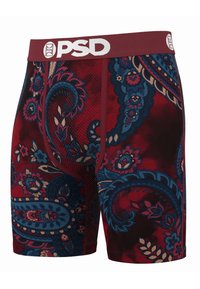 Pánské boxerky s vínově červeným základem a modrým a béžovým paisley vzorem. Vyrobené z hladké tkaniny, s bílým pasem s logem.