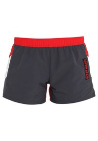 Graue Badehose mit rohem elastischen Bund, weißen Seitenpaneelen und einem schwarzen Calvin Klein Logo auf der Vorderseite. Leichter Stoff.