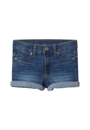 Denim-Shorts in dunkler Waschung mit umgeschlagenem Saum, ausgestattet mit Fünf-Taschen-Design, Knopfverschluss vorne und sichtbaren Nahtdetails.