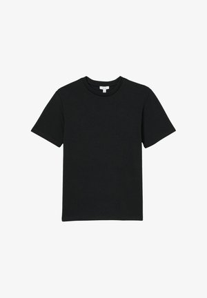 Schwarzes Kurzarm-T-Shirt aus weichem Baumwollstoff. Verfügt über einen runden Ausschnitt und ein einfaches, klassisches Design ohne Verzierungen.