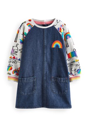 Jeanskleid mit Regenbogen-Patch, langen Ärmeln mit bunten Tier- und Regenbogenillustrationen sowie vorderen Taschen.
