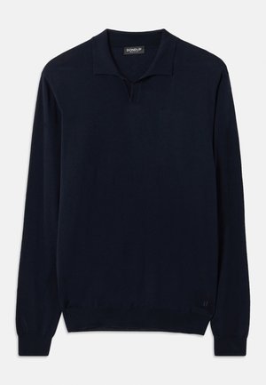 Men’s navy blue long-sleeve knit polo sweater with ribbed cuffs and hem, featuring a small collar and a subtle logo near the bottom hem.