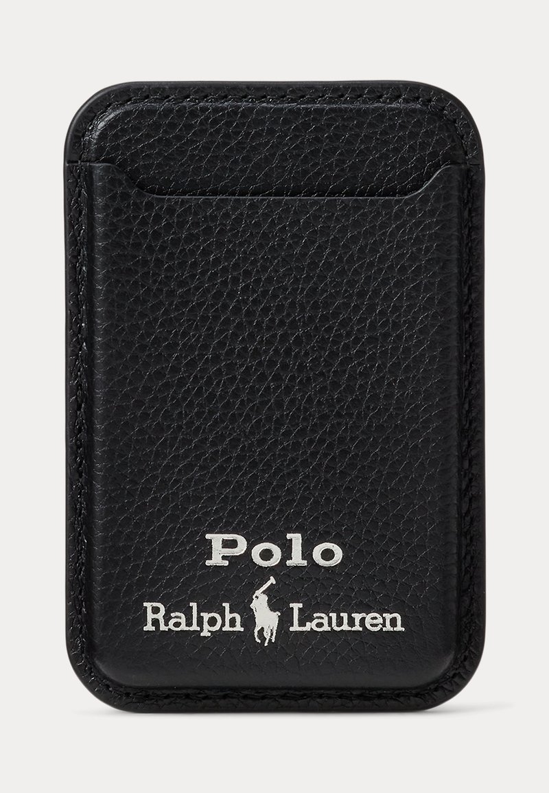 Černý texturovaný kožený držák karet s vyraženým logem Polo Ralph Lauren a siluetou hráče polového hokeje v bílé barvě.