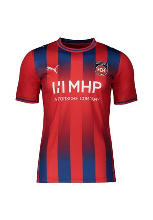 Red and blue striped short-sleeve football jersey with Puma logo, FCH club badge, and MHP sponsor text on the front