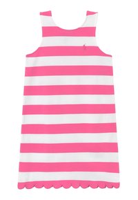 Abito senza maniche a righe con righe orizzontali rosa e bianche, orlo scallop e un piccolo logo sul petto. Realizzato in tessuto morbido.