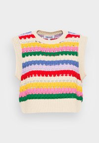 Gilet a maglia senza maniche e corto con motivo a righe orizzontali nei colori rosso, giallo, rosa, verde, blu, viola e crema.