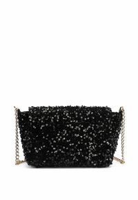 Clutch bag nero con paillettes, di forma rettangolare, superficie testurizzata e tracolla a catena dorata.