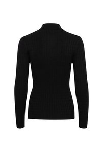 Black ribbed long-sleeve sweater featuring a collared neckline and fitted design with a textured pattern throughout.