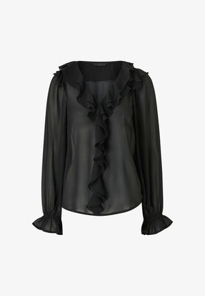 Czarna przezroczysta bluzka z długim rękawem z falbaniastym kołnierzem, falbanką z przodu i falbankami na mankietach, wykonana z lekkiego, zwiewnego materiału.