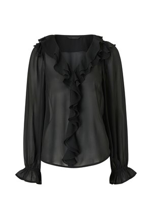 Czarna przezroczysta bluzka z długim rękawem z falbaniastym kołnierzem, falbanką z przodu i falbankami na mankietach, wykonana z lekkiego, zwiewnego materiału.