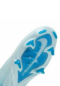Football cleat with a translucent light blue upper and blue studs. Features geometric patterns on the sole and “AIR ZOOM” branding.