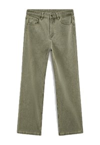 Olivgröna denimjeans med rak passform, fem fickor och knäppning. Tyget har en mjuk struktur med lätt blekning.