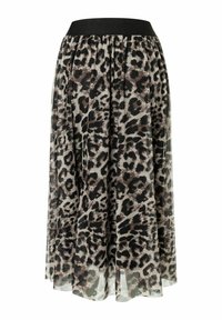 Maxi nederdel med leopardmønster, der har en sort elastisk talje, gennemsigtigt stof og et let design. Accenter inkluderer varierende nuancer af brunt og sort.