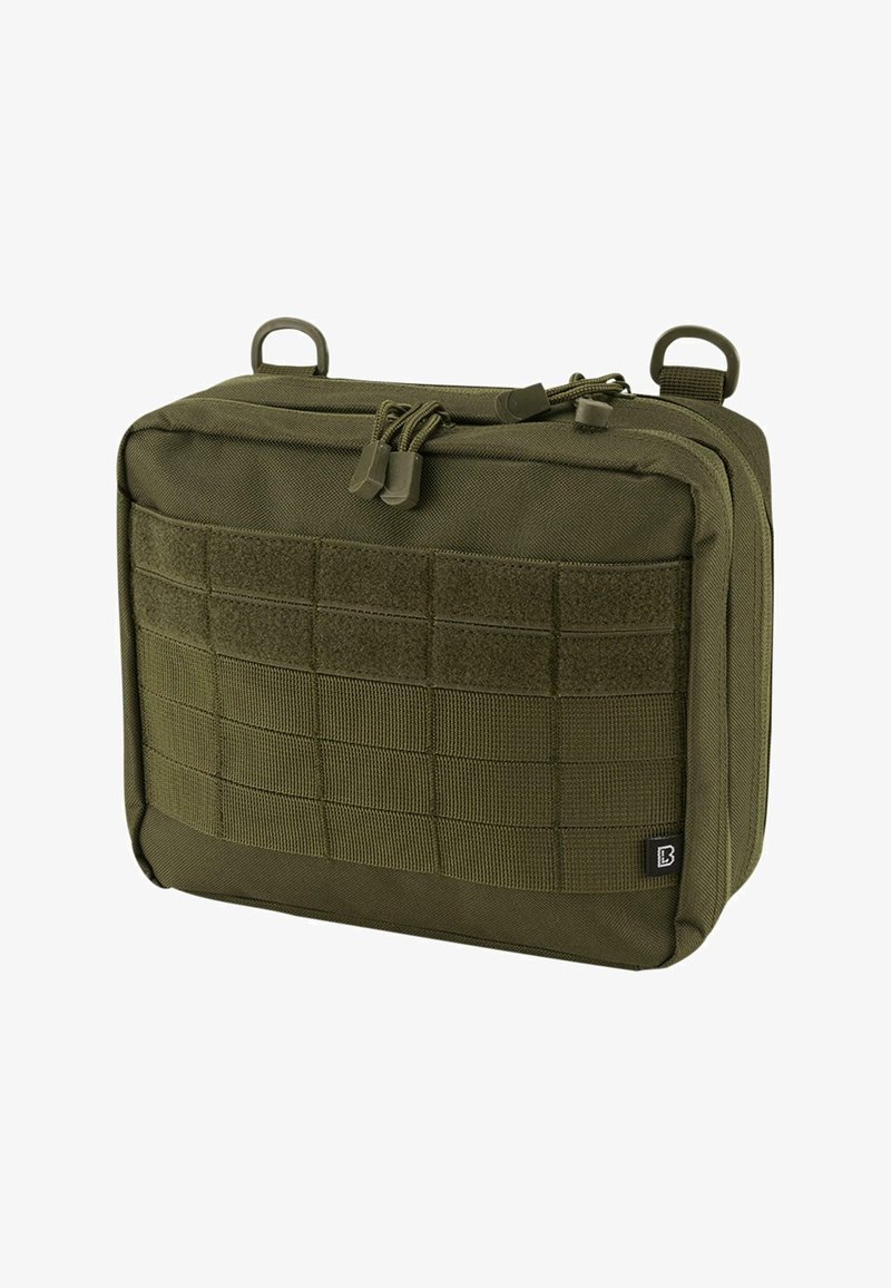 Olivi vihreä suorakulmainen laukku, joka on valmistettu kestävästä kankaasta. Varustettu vetoketjclosurella, kahdella lenkillä ja etupuolella on ruudukkomallinen verkko kiinnitystä varten.