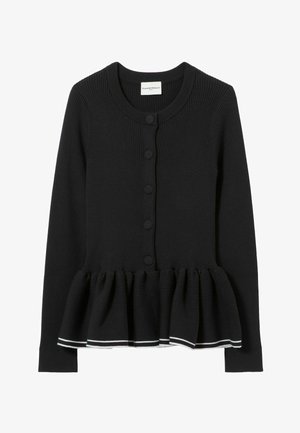 Cardigan nero a costine a maniche lunghe con scollo rotondo, cinque bottoni rivestiti e orlo svasato con dettaglio a righe bianche.