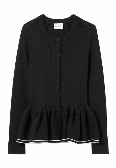 Cardigan nero a costine a maniche lunghe con scollo rotondo, cinque bottoni rivestiti e orlo svasato con dettaglio a righe bianche.