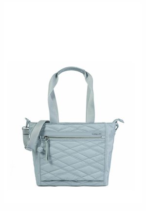 Sac fourre-tout matelassé gris clair avec poche avant zippée, deux poignées et une bandoulière réglable sur fond blanc.