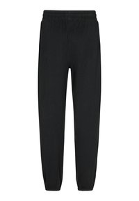 Pantaloni tuta neri con elastico in vita, gambe affusolate e tasche laterali. Realizzati in materiale morbido e leggero con una texture liscia.