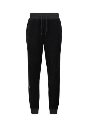 Joggers neri in velour con cintura e polsini a costine, dotati di cordoncino e un piccolo logo sul lato inferiore.
