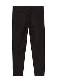 Pantaloni neri a taglio slim, realizzati in un tessuto testurizzato. Presentano due tasche posteriori, passanti per la cintura e una vita liscia.