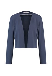 Navy blue cropped blazer made of smooth fabric, featuring long sleeves and an open front design without buttons or fasteners.