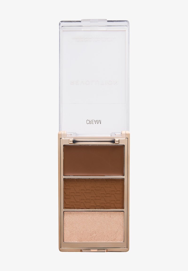 Compact makeup palette with three shades: dark brown cream, medium brown pressed powder, and light beige highlighter. Transparent lid open.