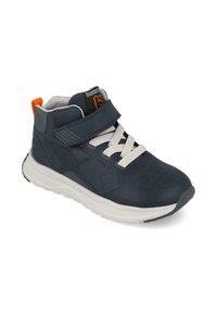 Zapatilla alta en azul marino con parte superior transpirable, acentos texturizados, correa ajustable de Velcro y suela de goma de color claro.