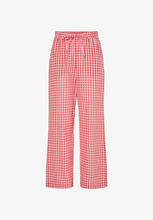 Red and white gingham pants with a loose fit, elastic waistband, and drawstring tie. The fabric has a smooth texture and checkered pattern.