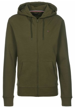 Olivgrüner Kapuzenpullover mit Reißverschluss, Kordelzugkapuze, frontalen Taschen, gerippten Bündchen und kleinem Tommy Hilfiger Logo auf der Brust.
