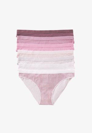 Set of seven women's underwear in various shades of pink and gray. Features soft fabric, stretch waistbands, and striped detail on the bottom pair.