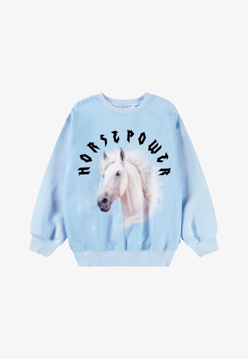 Sweat-shirt bleu clair avec une illustration d'une tête de cheval blanche au centre et le mot "HORSEPOWER" en arc au-dessus, en lettres noires stylisées.