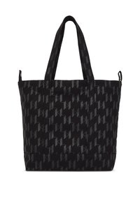 Sac en toile noir avec un motif géométrique subtil, deux poignées robustes et une forme structurée avec un fond plat.