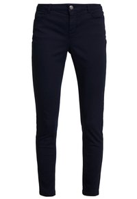 Tmavě modré skinny džíny vyrobené z hladkého bavlněného směsového materiálu, s pěti kapsami, zapínáním na knoflík a minimálními švy.