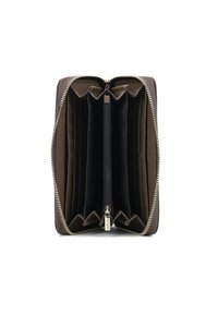 Portafoglio in pelle marrone con chiusura a zip. Dotato di più scomparti per carte, un comparto con zip e una fodera interna texturizzata.