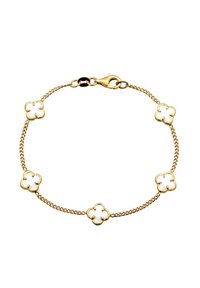 Goldene Gliederarmkette mit fünf weißen Blumenakzenten mit goldenen Umrissen, einem Karabinerverschluss und einem zarten Gliederdesign.