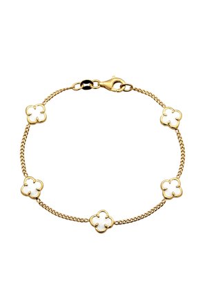 Gold chain bracelet featuring five white floral accents with gold outlines, a lobster clasp, and a delicate link design.