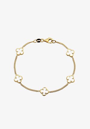 Gold chain bracelet featuring five white floral accents with gold outlines, a lobster clasp, and a delicate link design.