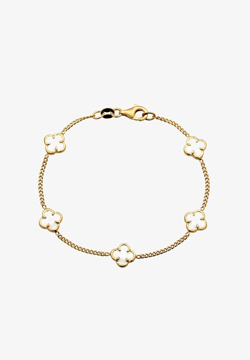 Gold chain bracelet featuring five white floral accents with gold outlines, a lobster clasp, and a delicate link design.