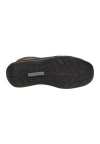 Suela de zapato de cuero marrón con una suela de goma negra. Patrón de relieve texturizado para mayor agarre. Acentuado con un logotipo de la marca cerca del talón.