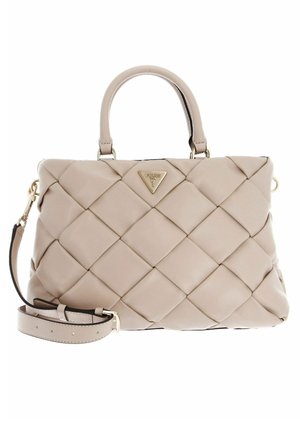 Borsa a tracolla in finta pelle trapuntata beige con manici doppi, tracolla regolabile, accento con logo dorato e motivo a diamante testurizzato.
