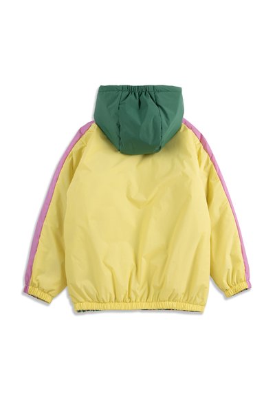 Gele jas met roze strepen op de mouwen, een groene capuchon, elastische manchetten en zoom, gezien van achteren op een witte achtergrond.