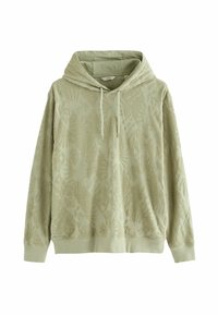 Felpa verde chiaro realizzata in tessuto testurizzato, dotata di cappuccio, coulisse e motivi intricati sulla superficie. Vestibilità comoda e polsini a costine.