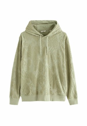 Lichtgroene hoodie van gestructureerde stof, met een capuchon, koord en ingewikkelde patronen over het oppervlak. Casual fit en ribbelmanchetten.
