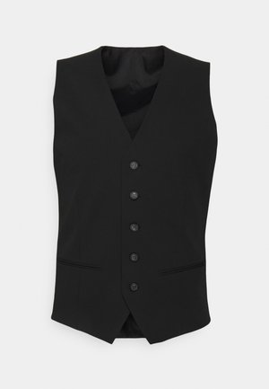Zwarte vest met een gladde textuur, met een V-hals, zes knopen aan de voorkant en twee zijzakken.