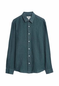Camisa de manga larga en un tono verde azul oscuro, hecha de lino, con cuello abotonado. Presenta una tapeta frontal con botones blancos y un corte relajado.