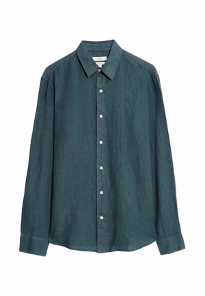 Langärmliges, dunkelblaues Hemd aus Leinen mit Button-Down-Kragen. Verfügt über eine Vorderseite mit weißen Knöpfen und einen entspannten Schnitt.